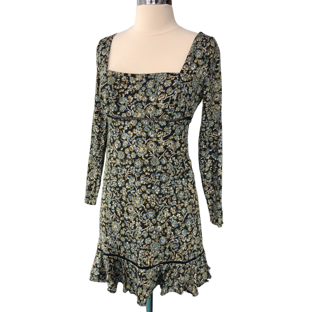 Free People Womens Size 0 Boheme Floral Mini Dress Square Neck Long Sleeve Tie